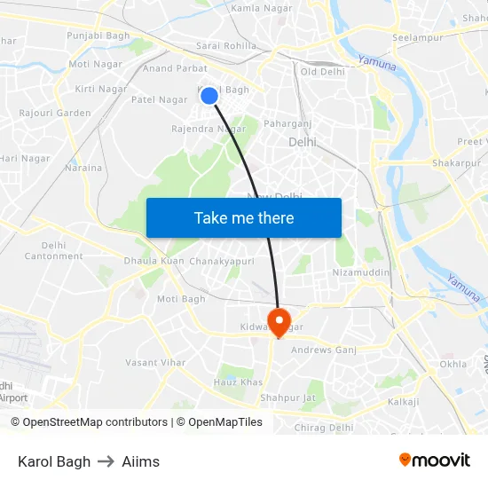 Karol Bagh to Aiims map