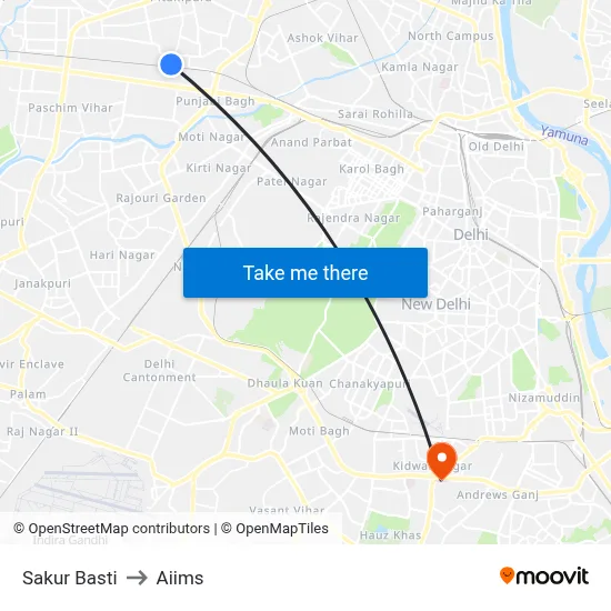 Sakur Basti to Aiims map