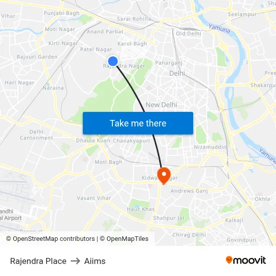Rajendra Place to Aiims map