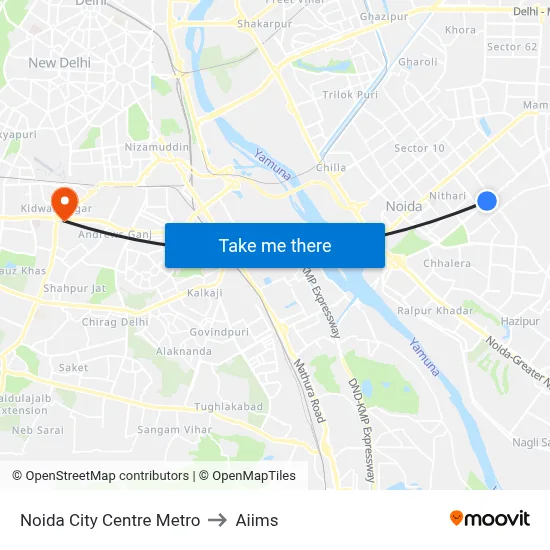 Noida City Centre Metro to Aiims map