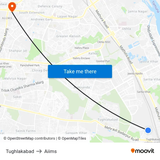 Tughlakabad to Aiims map