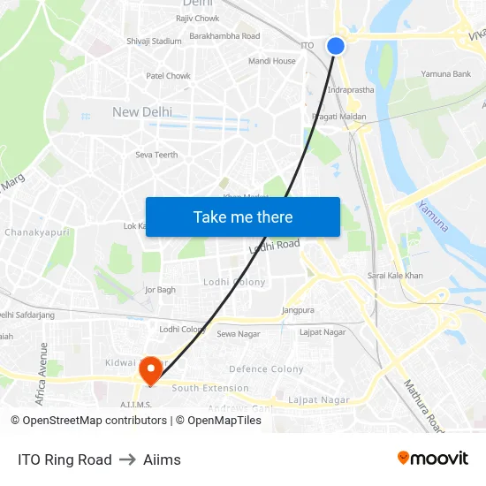 ITO Ring Road to Aiims map
