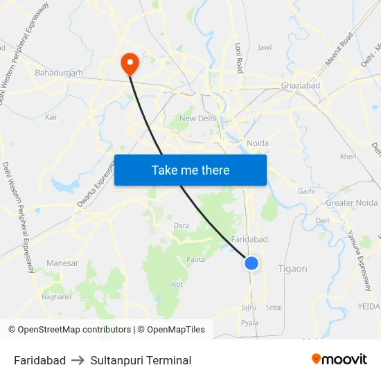 Faridabad to Sultanpuri Terminal map