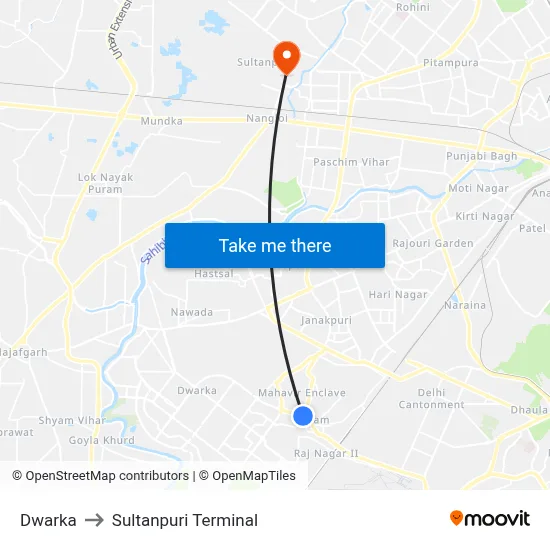 Dwarka to Sultanpuri Terminal map
