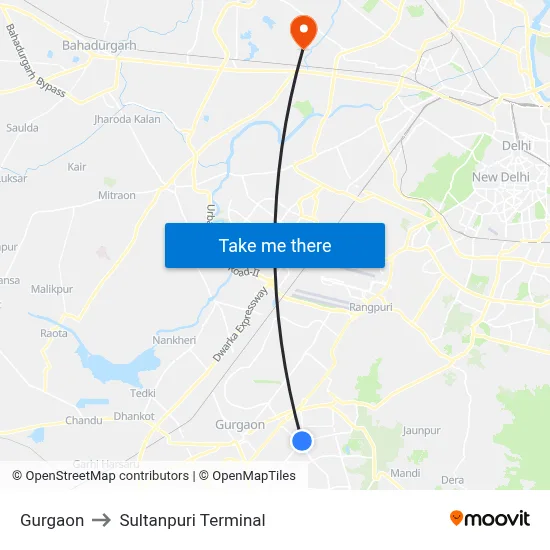 Gurgaon to Sultanpuri Terminal map