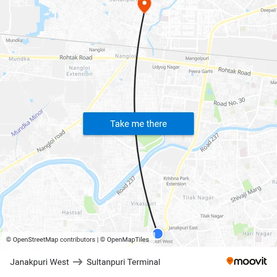 Janakpuri West to Sultanpuri Terminal map