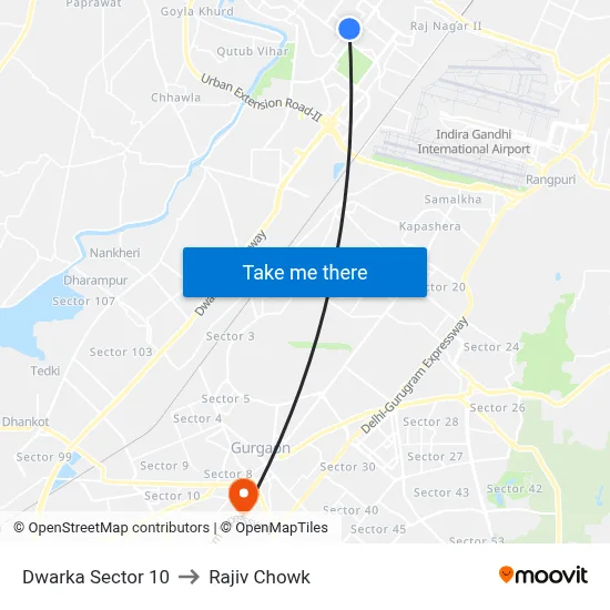 Dwarka Sector 10 to Rajiv Chowk map