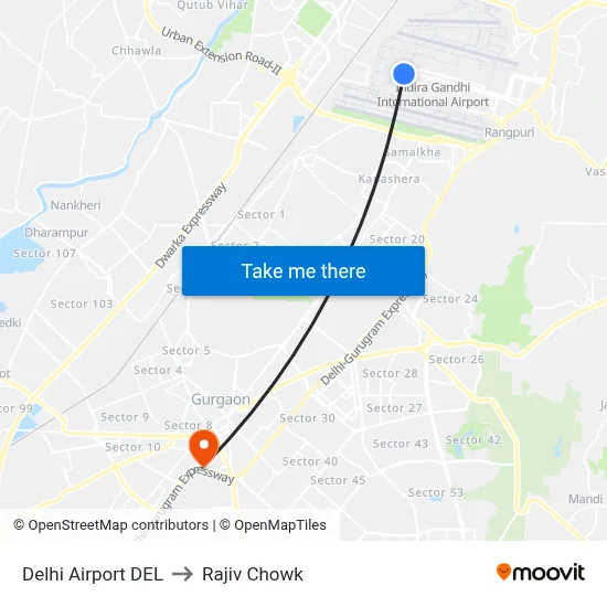 Delhi Airport DEL to Rajiv Chowk map