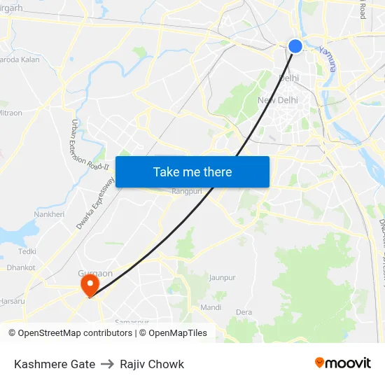Kashmere Gate to Rajiv Chowk map