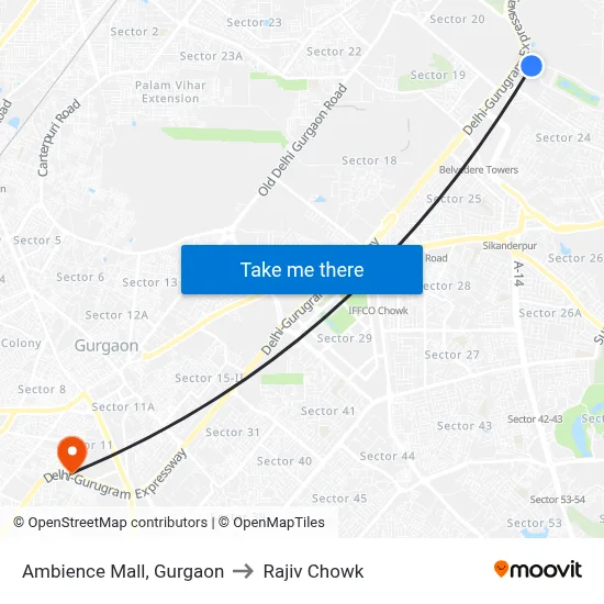 Ambience Mall, Gurgaon to Rajiv Chowk map