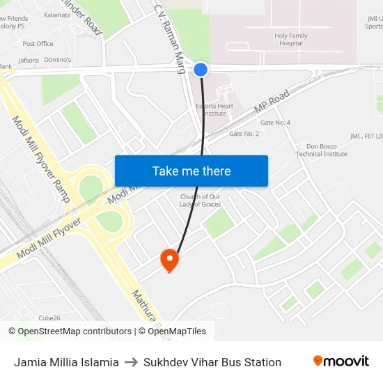 Jamia Millia Islamia to Sukhdev Vihar Bus Station map