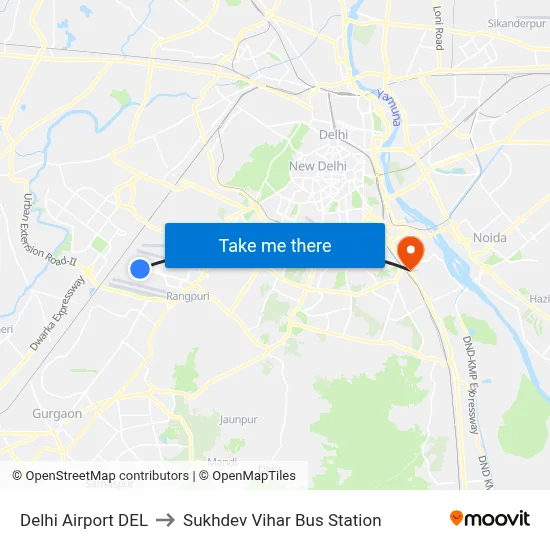 Delhi Airport DEL to Sukhdev Vihar Bus Station map