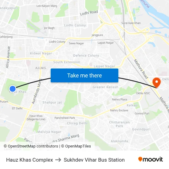 Hauz Khas Complex to Sukhdev Vihar Bus Station map