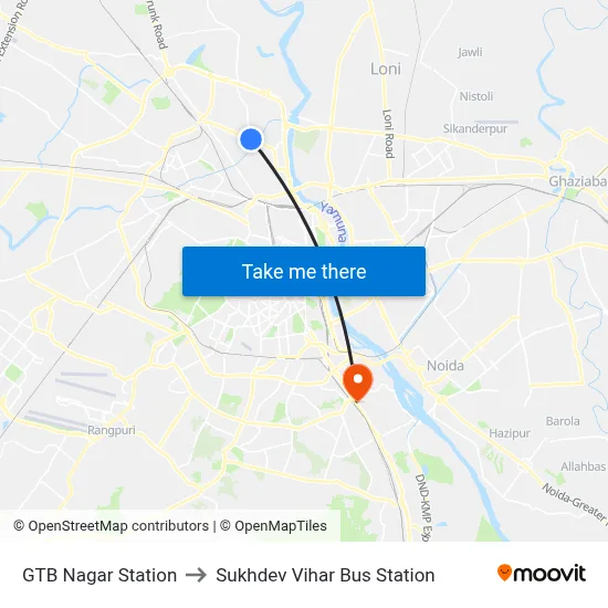 GTB Nagar Station to Sukhdev Vihar Bus Station map
