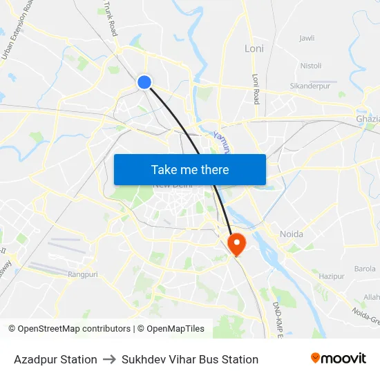 Azadpur Station to Sukhdev Vihar Bus Station map