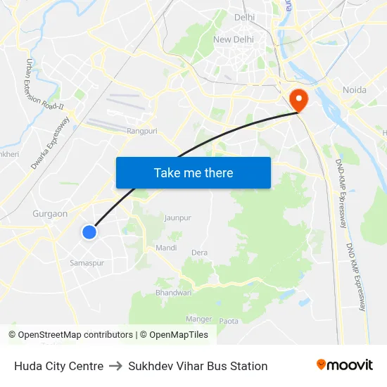 Huda City Centre to Sukhdev Vihar Bus Station map