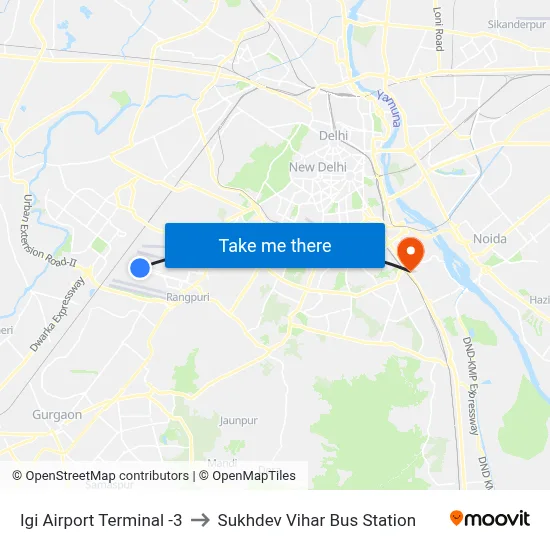 Igi Airport Terminal -3 to Sukhdev Vihar Bus Station map