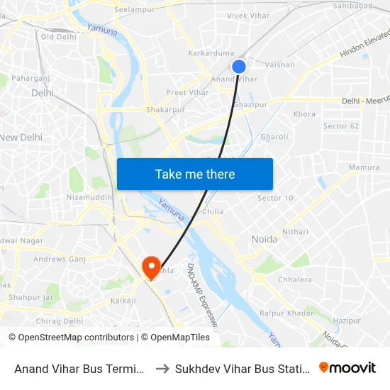 Anand Vihar Bus Terminal to Sukhdev Vihar Bus Station map