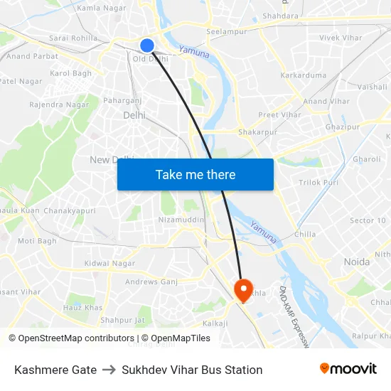 Kashmere Gate to Sukhdev Vihar Bus Station map