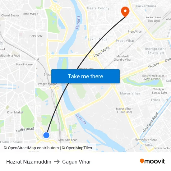 Hazrat Nizamuddin to Gagan Vihar map