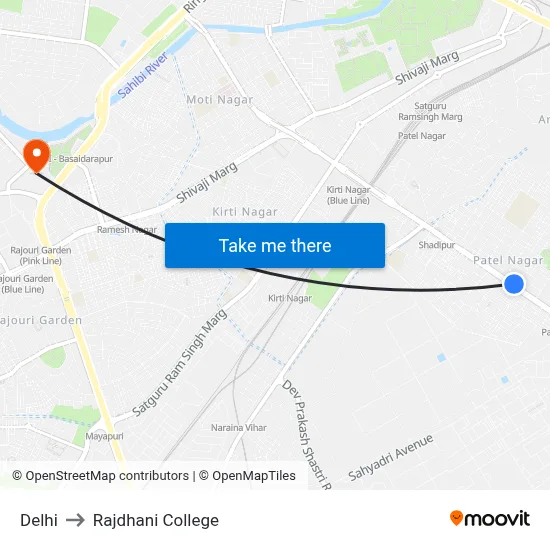 Delhi to Rajdhani College map