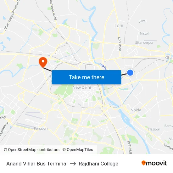 Anand Vihar Bus Terminal to Rajdhani College map