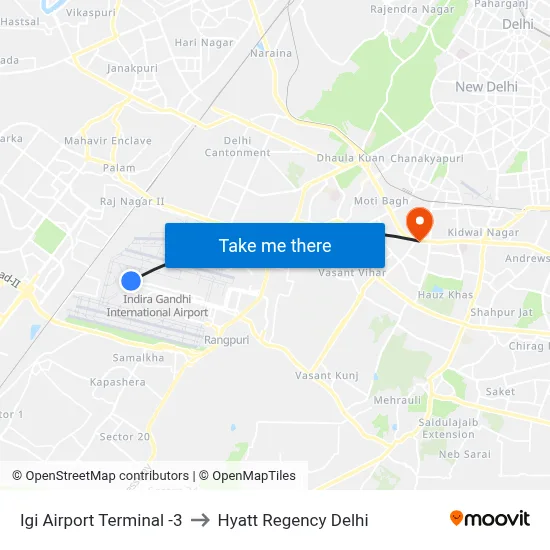 Igi Airport Terminal -3 to Hyatt Regency Delhi map
