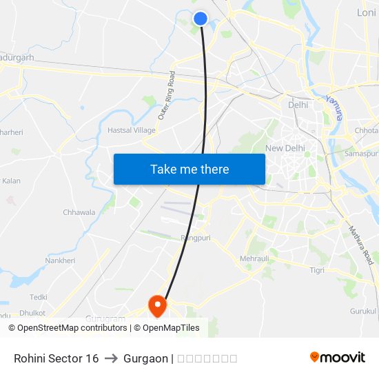 Rohini Sector 16 to Gurgaon | गुडगाँव map