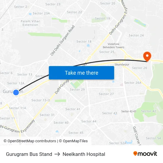 Gurugram Bus Stand to Neelkanth Hospital map
