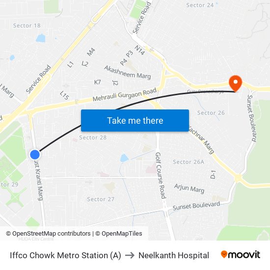 Iffco Chowk Metro Station (A) to Neelkanth Hospital map