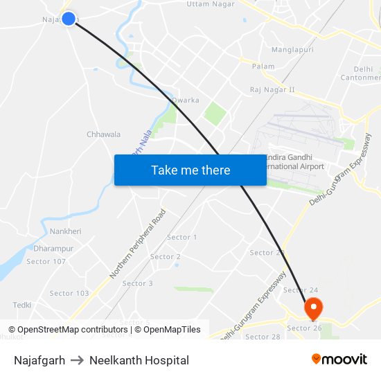 Najafgarh to Neelkanth Hospital map