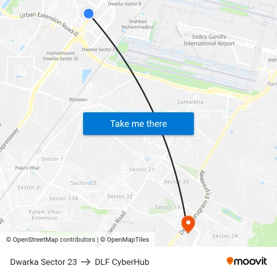 Dwarka Sector 23 to DLF CyberHub map