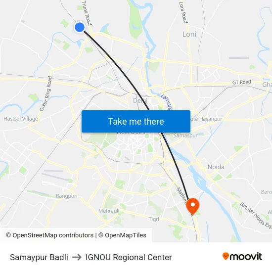 Samaypur Badli to IGNOU Regional Center map