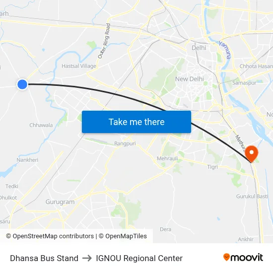 Dhansa Bus Stand to IGNOU Regional Center map