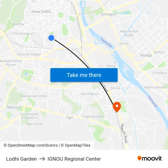 Lodhi Garden to IGNOU Regional Center map