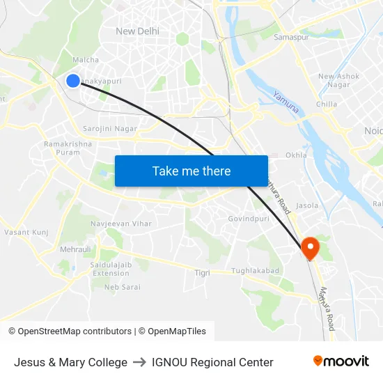 Jesus & Mary College to IGNOU Regional Center map