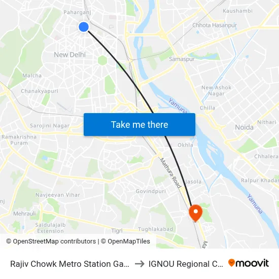 Rajiv Chowk Metro Station Gate No.8 to IGNOU Regional Center map