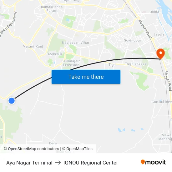 Aya Nagar Terminal to IGNOU Regional Center map