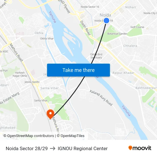 Noida Sector 28/29 to IGNOU Regional Center map
