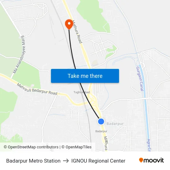 Badarpur Metro Station to IGNOU Regional Center map