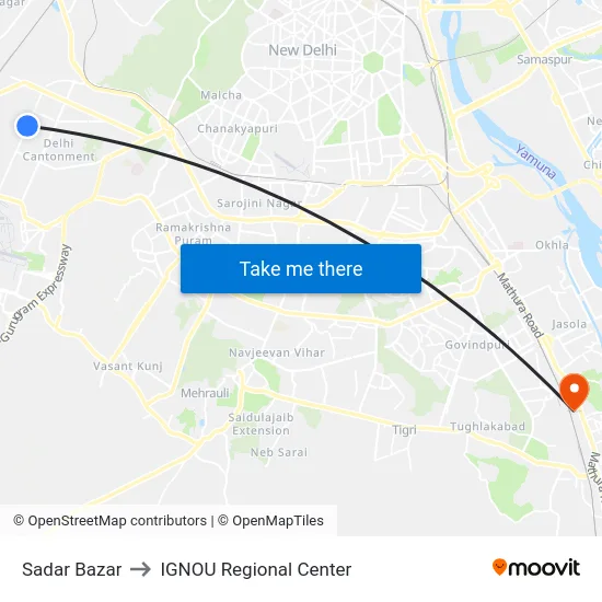 Sadar Bazar to IGNOU Regional Center map