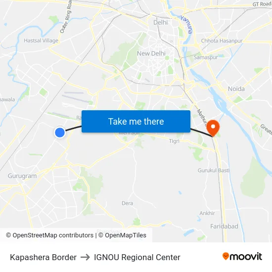 Kapashera Border to IGNOU Regional Center map
