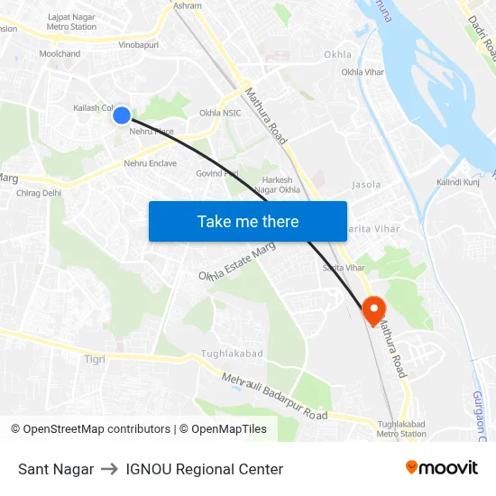 Sant Nagar to IGNOU Regional Center map