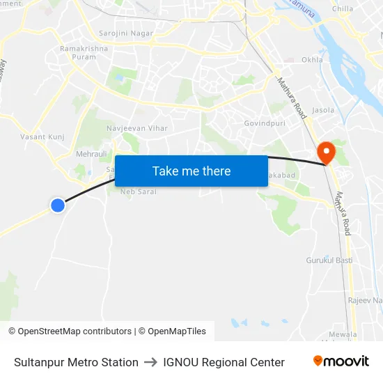 Sultanpur Metro Station to IGNOU Regional Center map