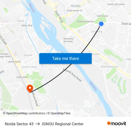 Noida Sector 43 to IGNOU Regional Center map