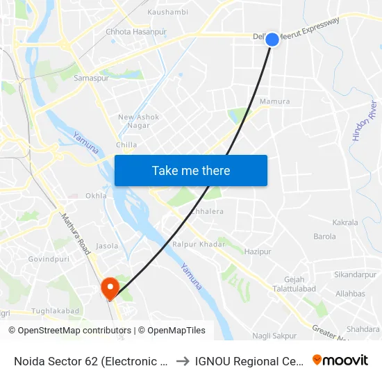 Noida Sector 62 (Electronic City) to IGNOU Regional Center map