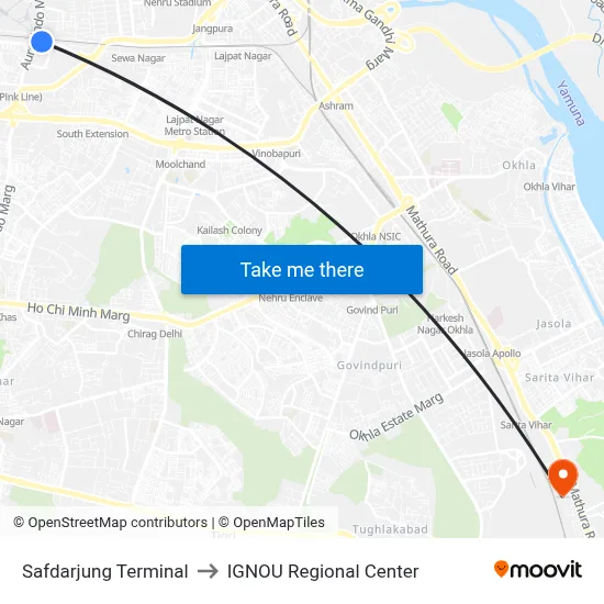 Safdarjung Terminal to IGNOU Regional Center map