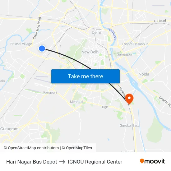 Hari Nagar Bus Depot to IGNOU Regional Center map