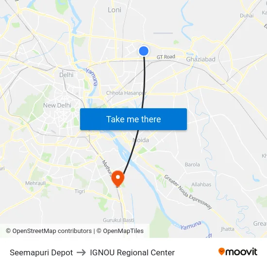 Seemapuri Depot to IGNOU Regional Center map