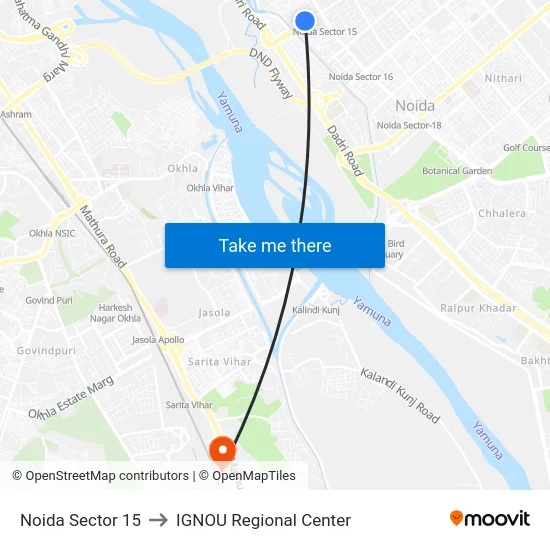 Noida Sector 15 to IGNOU Regional Center map